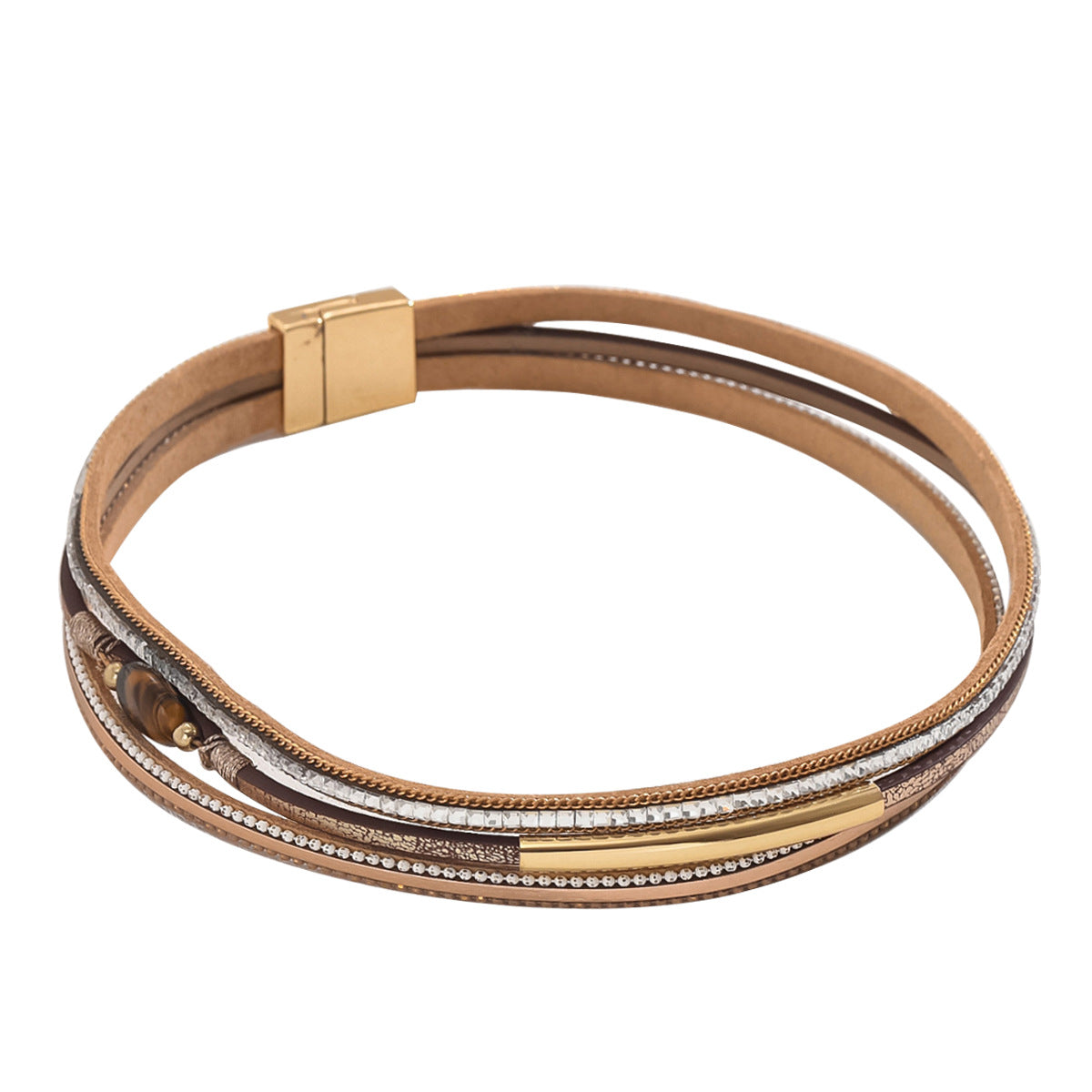Pulsera de Cuero Geométrica Minimalista de Lujo para Mujer con Incrustaciones de Pedrería, Brazalete Apilable de Múltiples Capas
