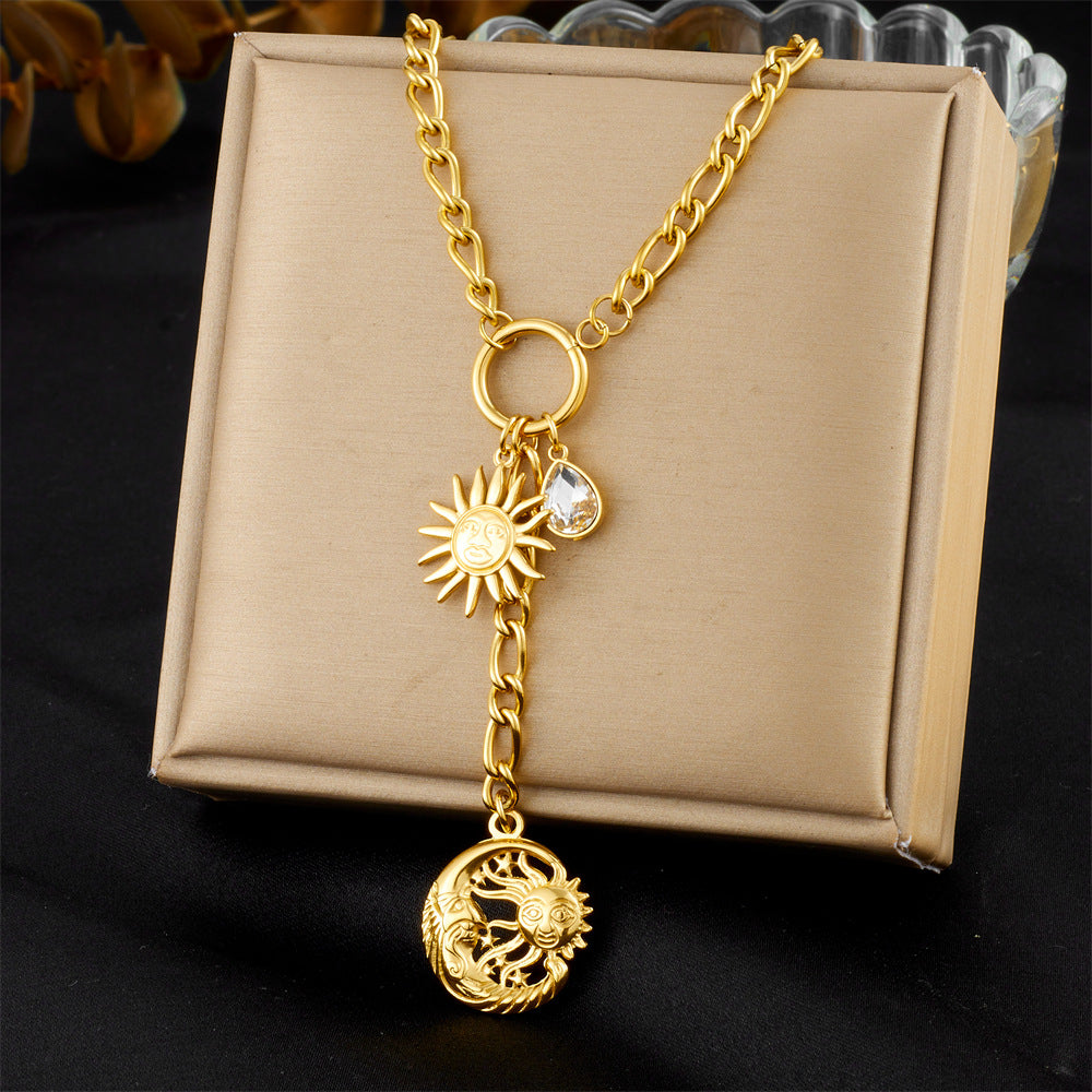 Fashion Stainless Steel Plated Long Tassel Necklace with Heart Floral Round Moon Sun Teardrop Shapes and Rhinestone Accents for Women