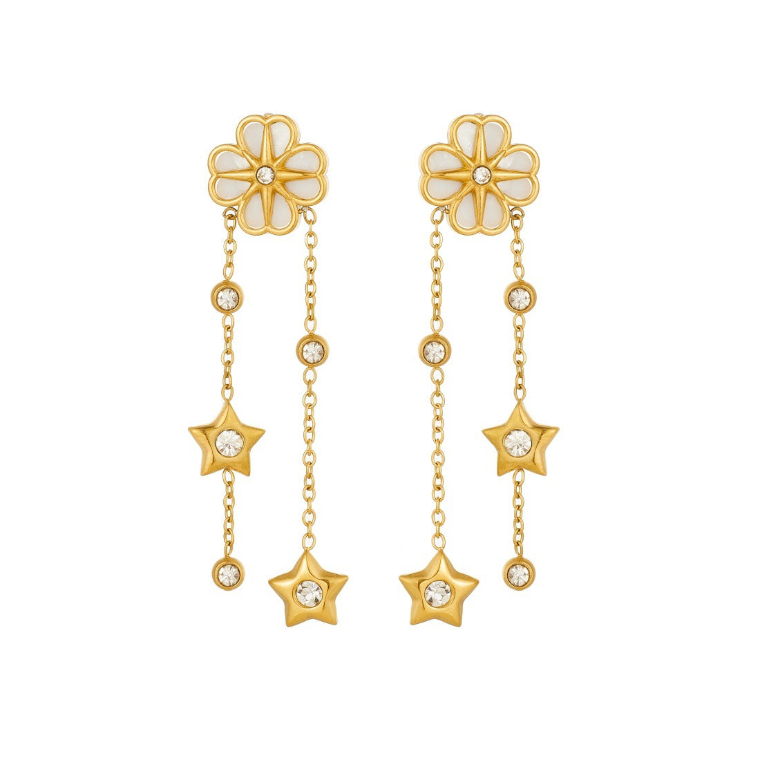 Vintage Gold Plated Stainless Steel Star and Floral Earrings with Rhinestone and Shell Inlay
