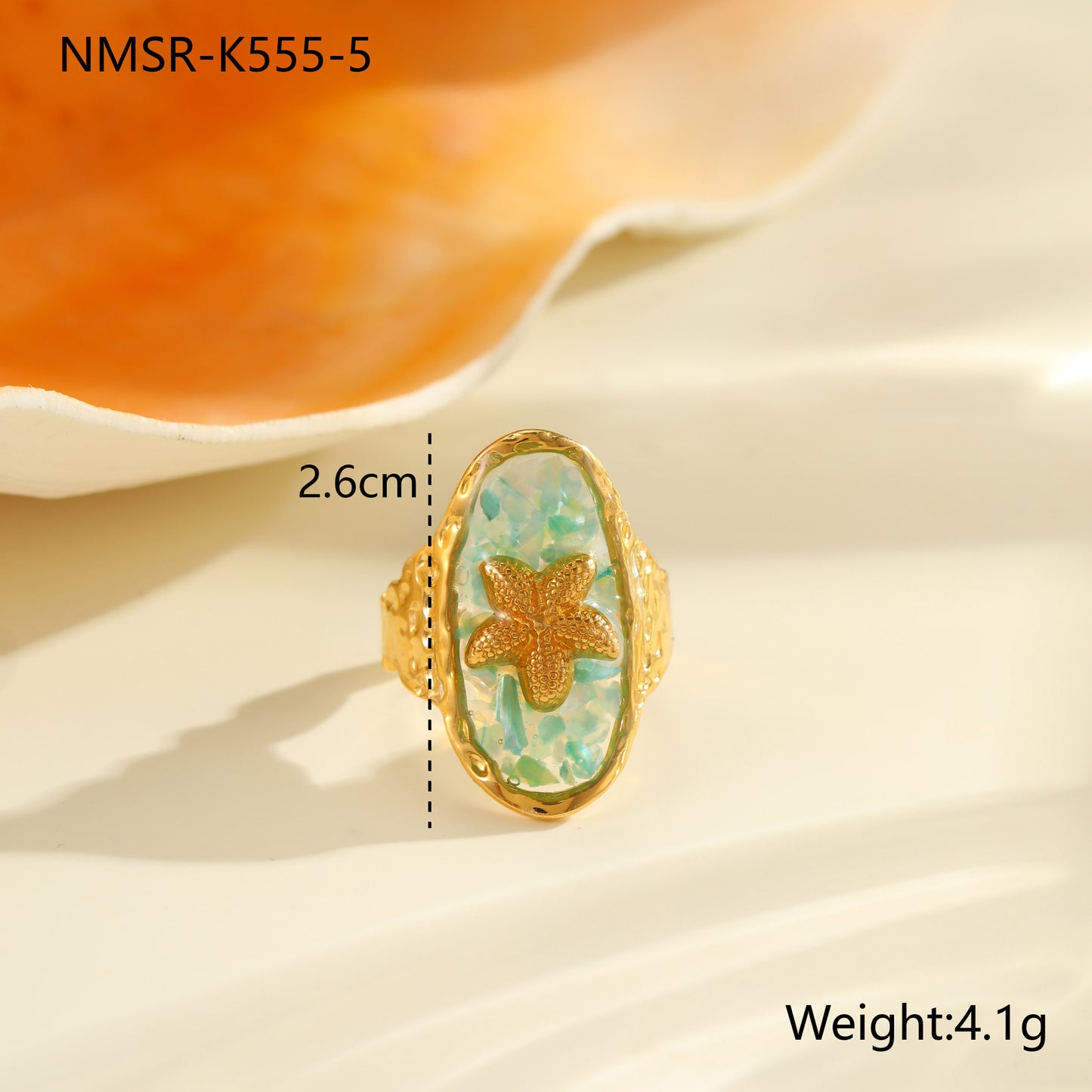 Anello da Donna Minimalista Geometrico in Acciaio Inossidabile con Madreperla e Stella Marina, Placcato Oro 18K