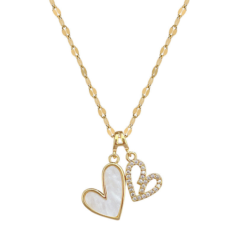 Collana di lusso con cuore a doppio strato, geometrica, con strass, in acciaio al titanio, pendente in acciaio inossidabile, catena in rame