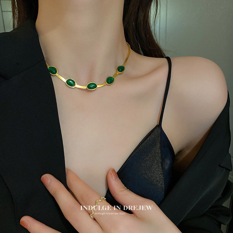 Vintage Geometric Titanium Steel Plated Bracelet for Women with Emerald Green Accents Elegant Minimalist Designer Cuff