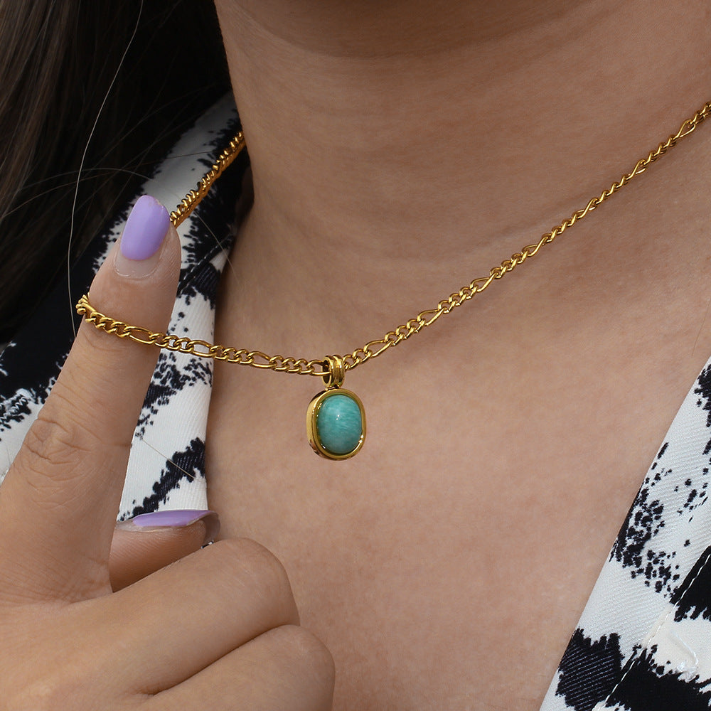Minimalist Mint Green Roman Natural Amazonite Pendant Necklace for Women with Geometric Shape Stainless Steel Chain