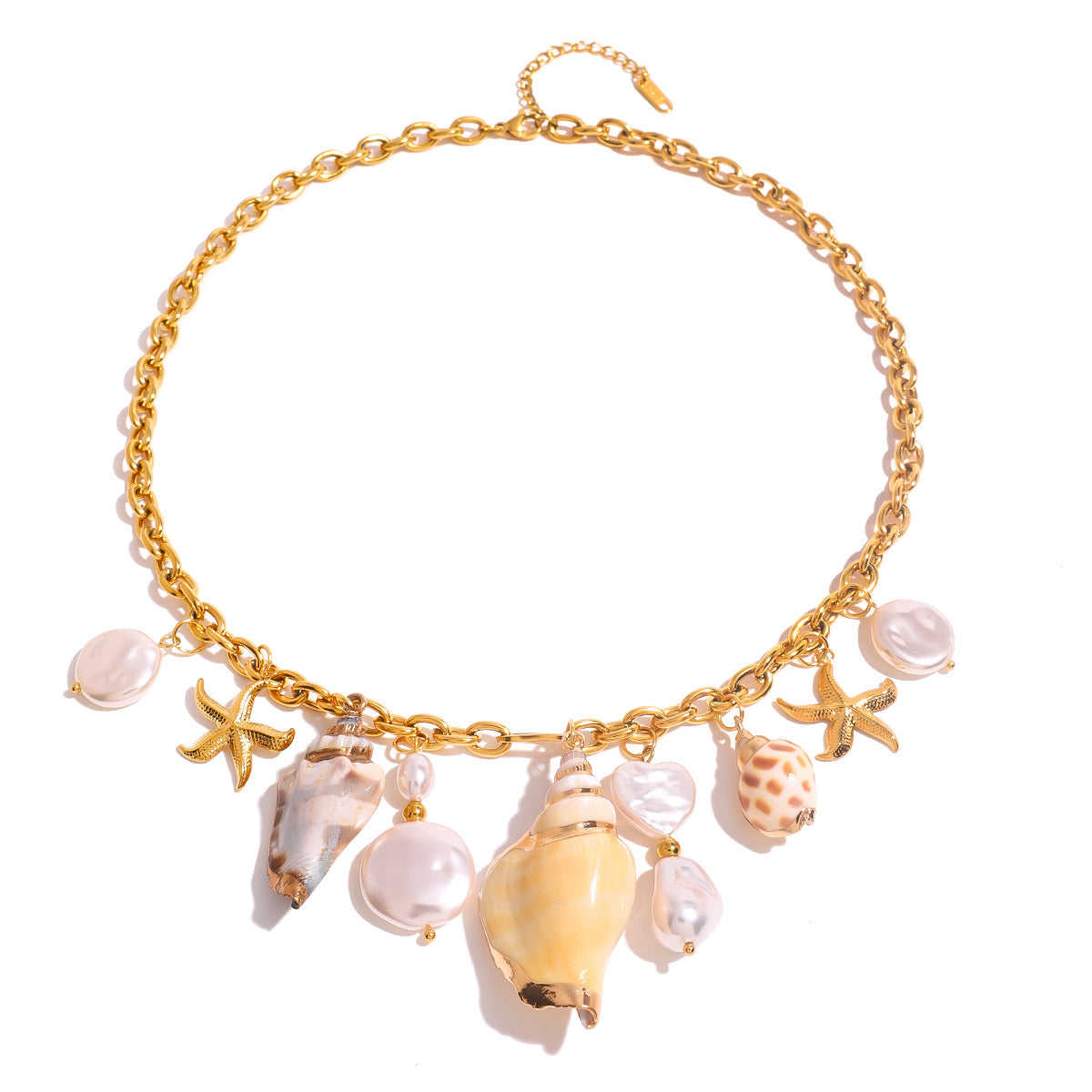 Collana con Pendente a Forma di Concha Marina e Stella Marina Stile Vacanza in Acciaio Inossidabile con Finitura Placcata da Donna