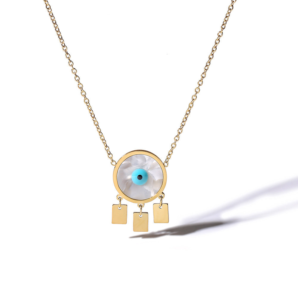 Minimalist Geometric Titanium Steel Evil Eye Pendant Necklace with Tassel for Women