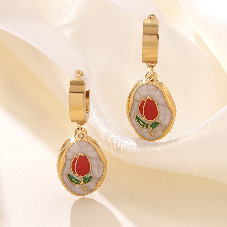 Aretes de acero inoxidable con esmalte de aceite floral de lujo elegante de rosa para mujer