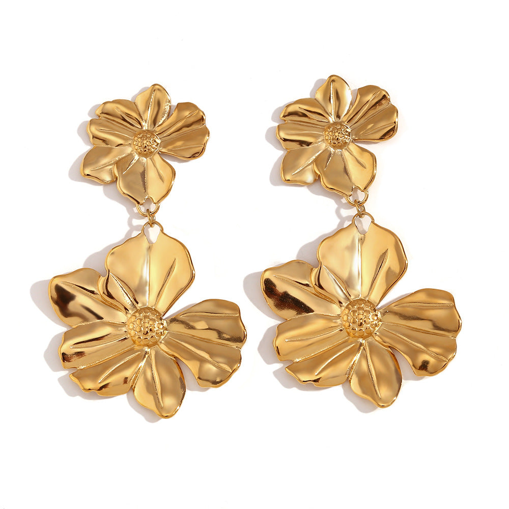 Vintage Fashion Floral Geometric Stainless Steel Earrings with 18K Gold Plating for Women