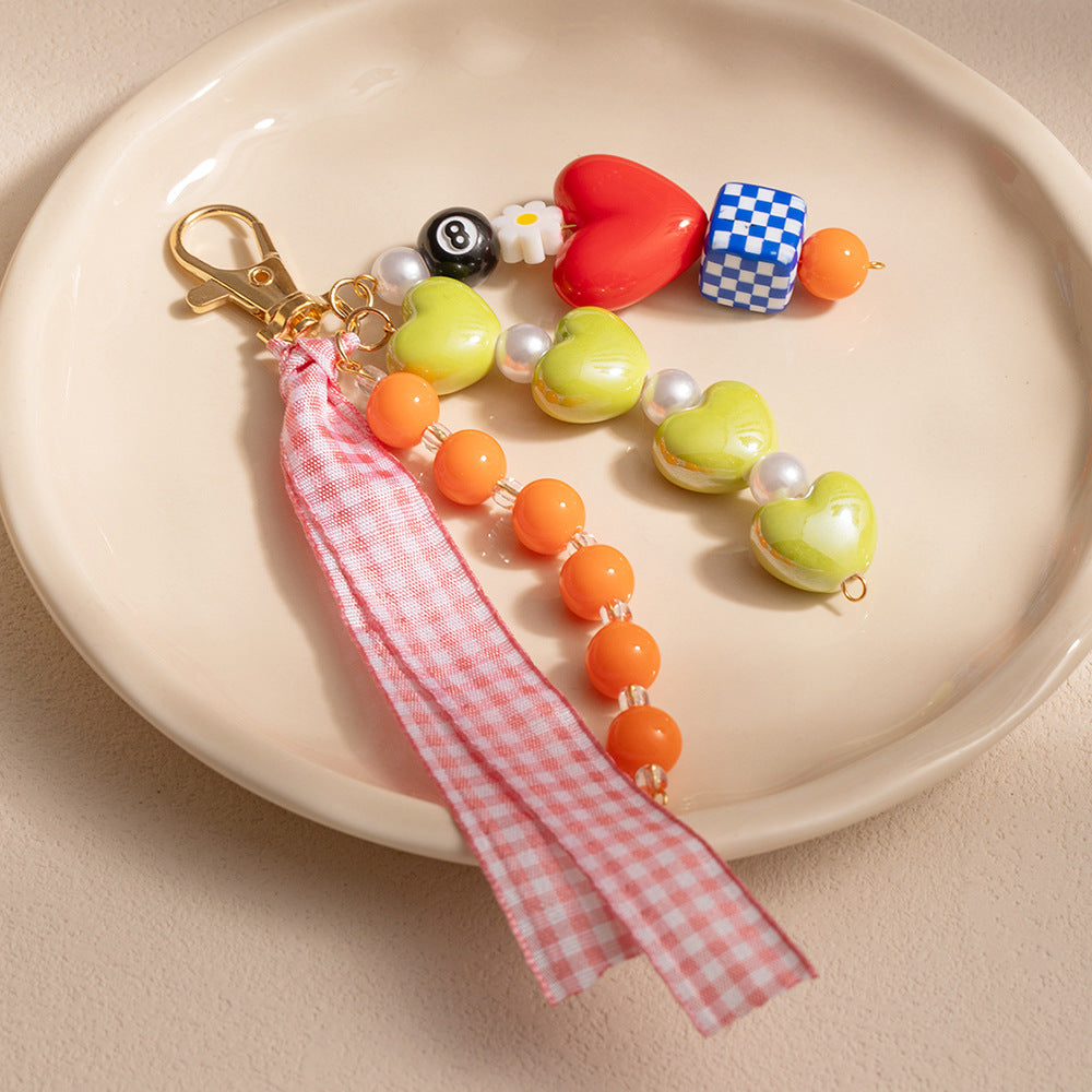 Round Geometric Hand-beaded Zinc Alloy Keychain with Black 8 Billiard Ball Charm