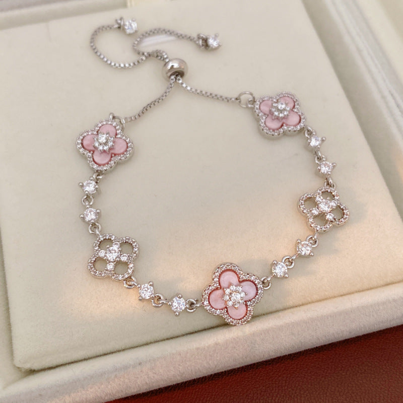 Sweet Elegant Geometric Floral Brass Inlaid Cubic Zirconia Bracelet for Women