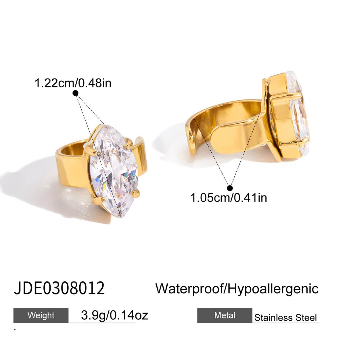 Pendientes de clip de acero inoxidable geométricos de cuatro lados con acabado chapado para mujer, joyas de lujo para la oreja