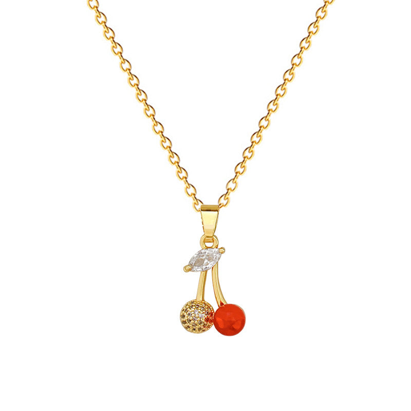 Collar de acero inoxidable con forma de cereza de dibujos animados con incrustaciones de diamantes de imitación para mujeres y hombres, delicada cadena de clavícula