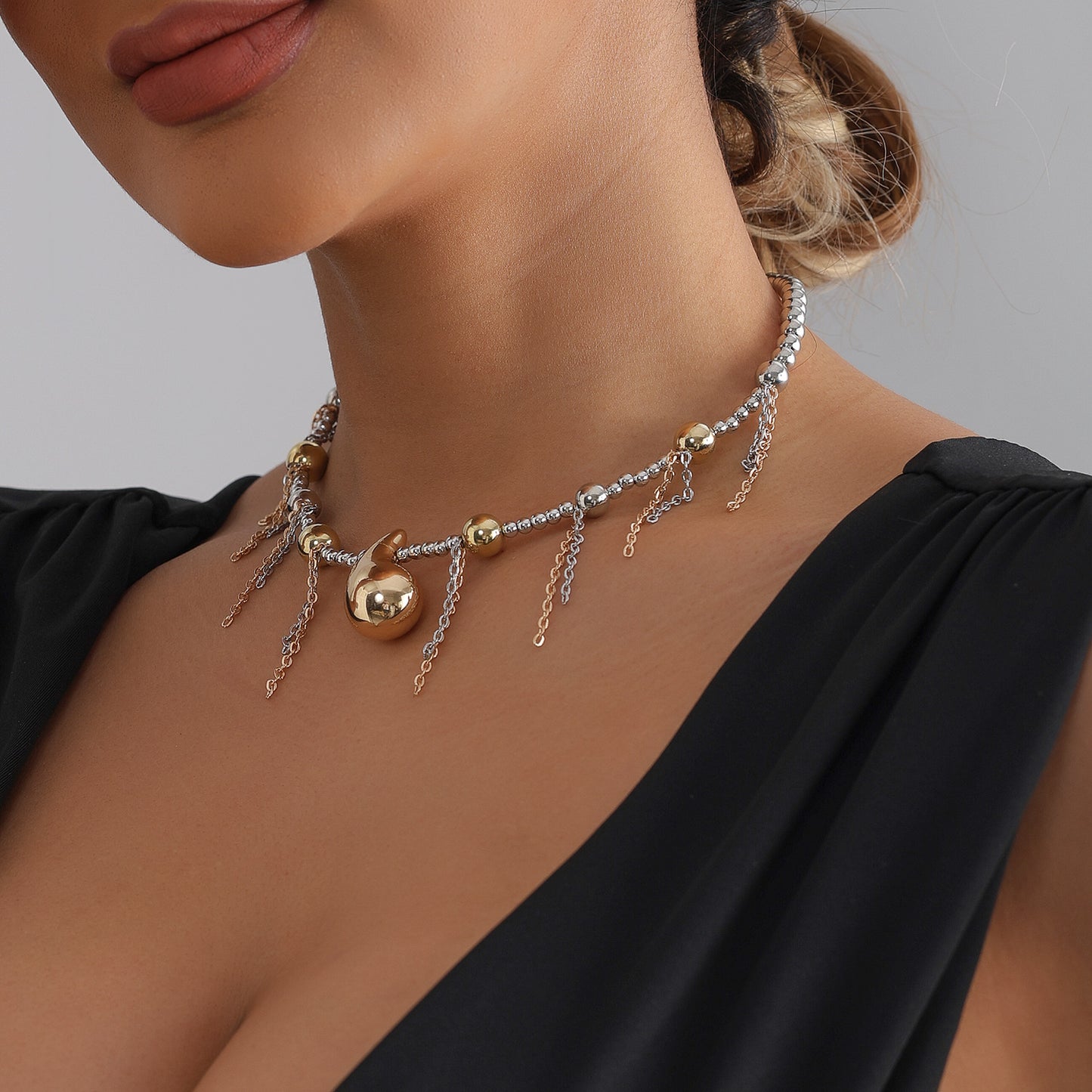 Casual Two-Tone Geometric Teardrop Alloy Plated Necklace with Ball Chain for Women