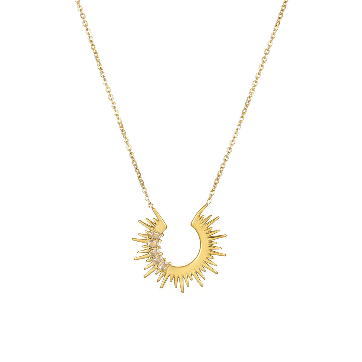 Collana con ciondolo a girasole geometrico alla moda in acciaio inossidabile con placcatura in oro 18 carati e zirconia bianca rettangolare da donna