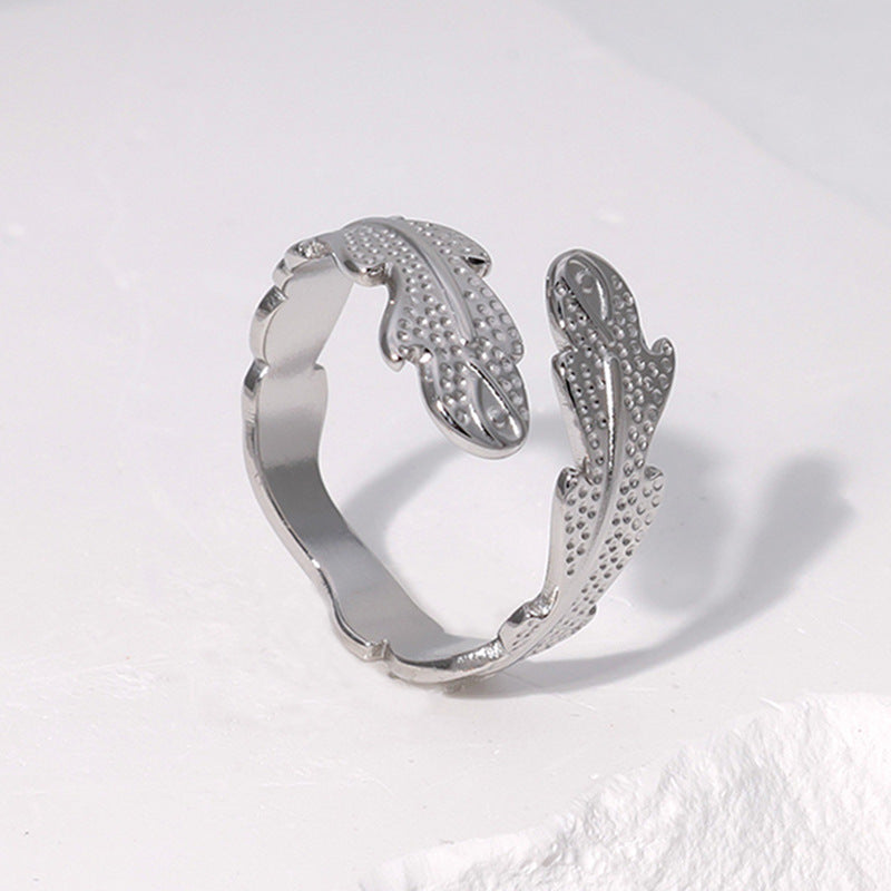 Anello aperto da donna placcato in acciaio inossidabile geometrico minimalista con motivo a foglia