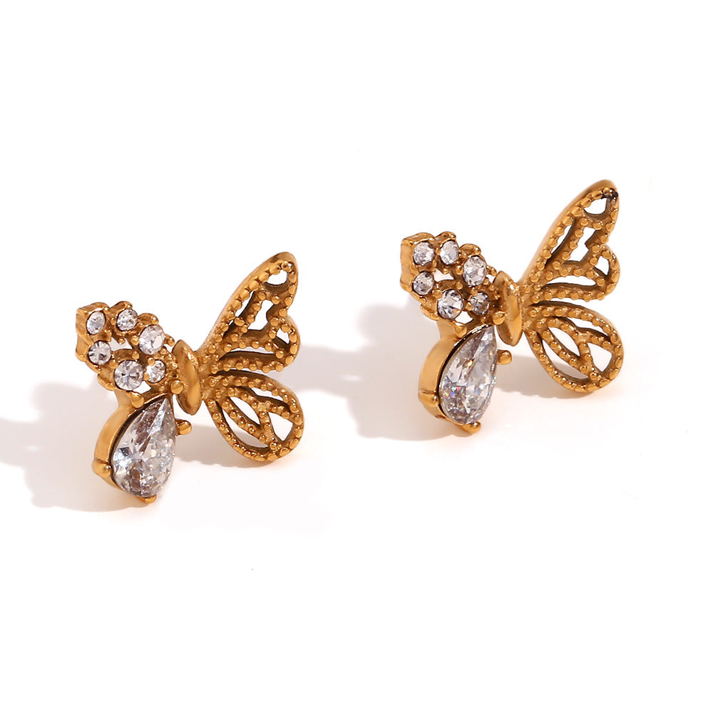 Pendientes Asimétricos de Mariposa para Mujer de Acero Inoxidable con Baño de Oro de 18K y Circonitas Semipavé