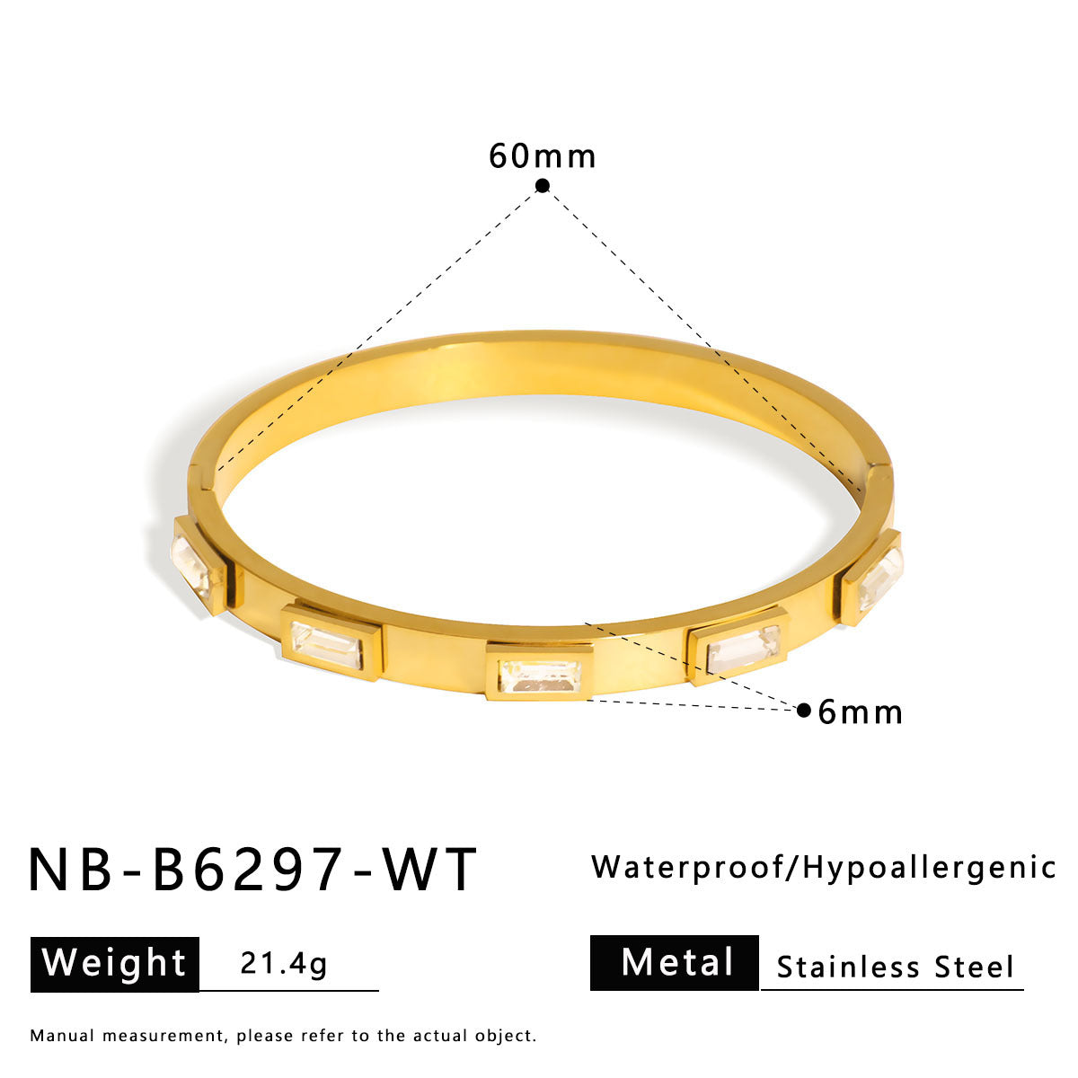 Bracciale Vintage in Acciaio Inox con Strass Geometrici Quadrati e Placcatura Sottovuoto in Oro 18K