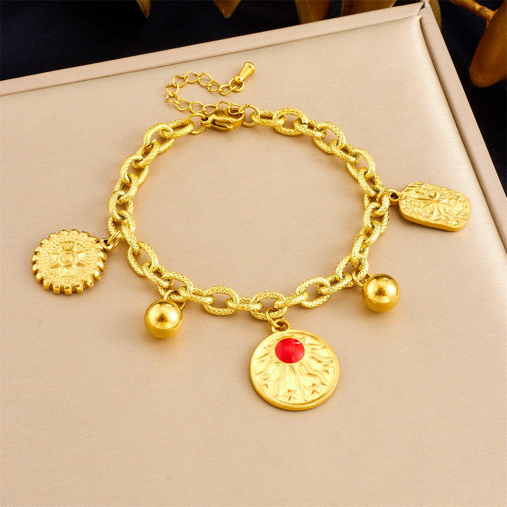 Set collana e bracciale da donna in acciaio inossidabile con finitura placcata, con pendente irregolare a forma di sole, d'ispirazione vintage