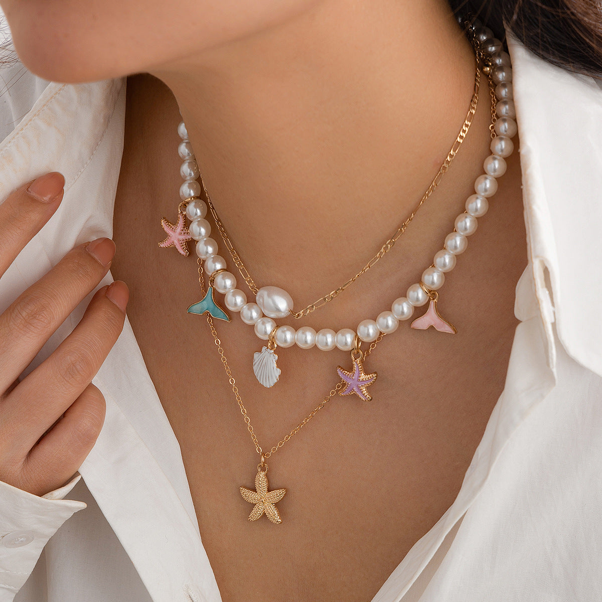 Vintage Bohemian Baroque Imitation Pearl Shell Beaded Ball Chain Necklace for Women