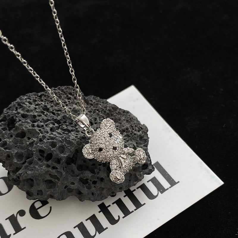 Original Design Bear Pendant Necklace for Women and Men in Titanium Steel with Mixed Gemstone Inlay, Minimalist Animal-Shaped Layered Chain