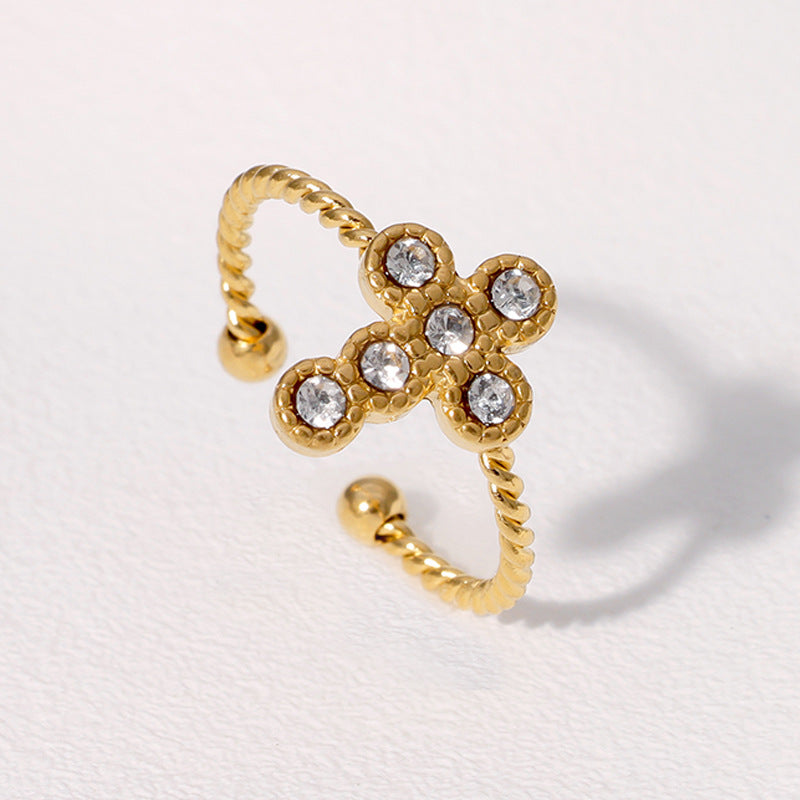 Minimalist Cross-Shaped Opening Ring for Women in Stainless Steel with Gold Plating and Rhinestone Inlay