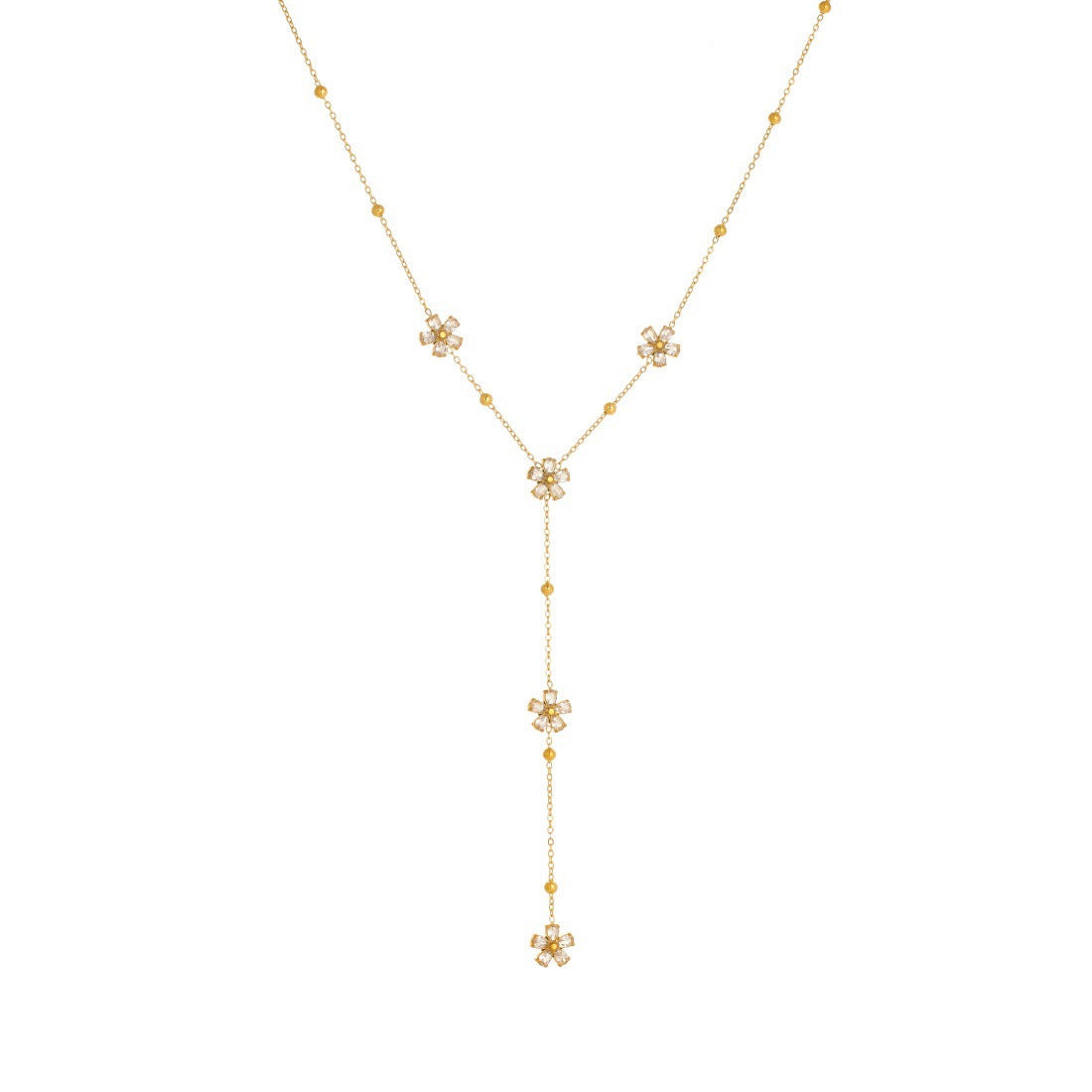 Minimalist Gold Plated Stainless Steel Floral Rhinestone Tassel Necklace for Women