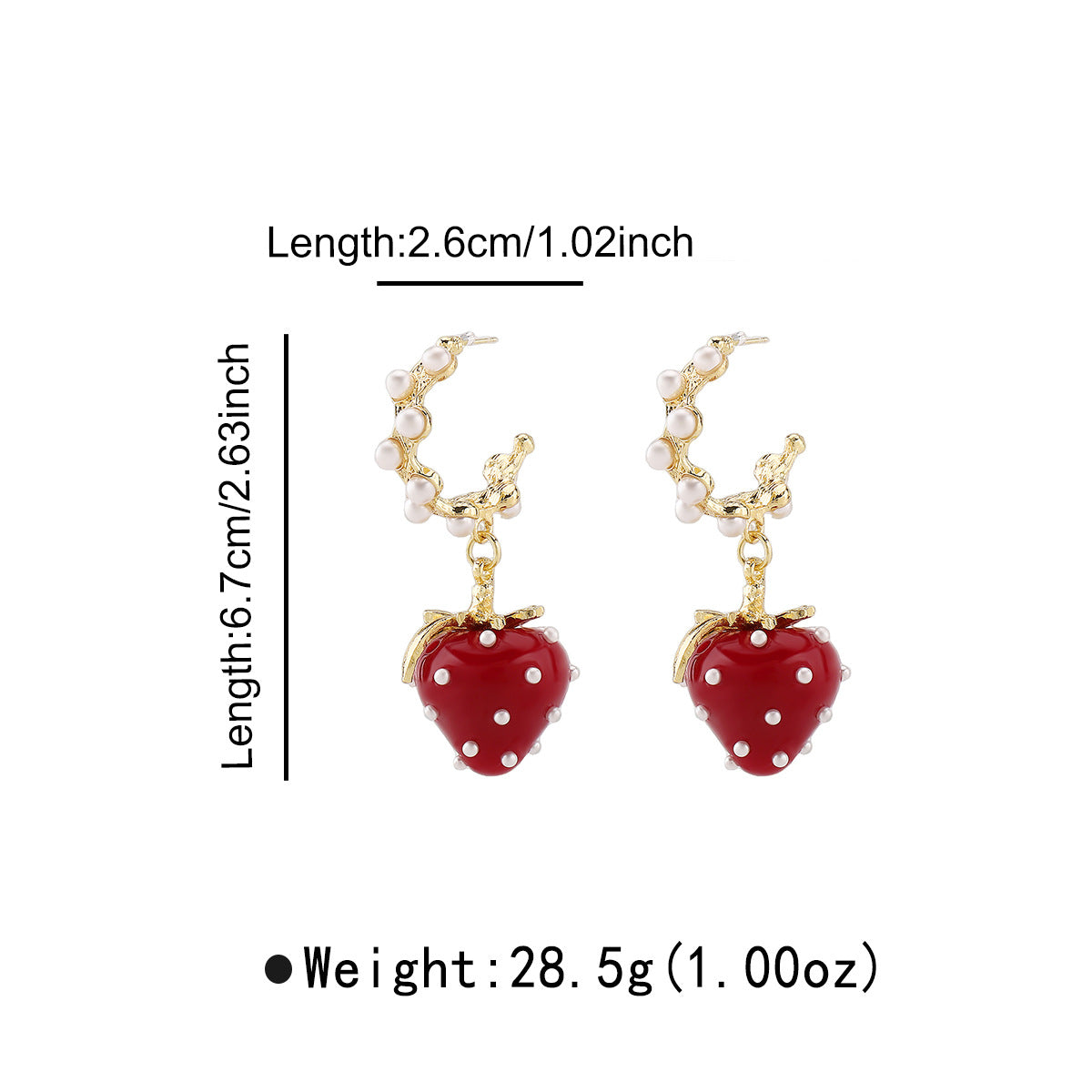 Orecchini da donna smaltati con coccinella e fragola in strass, in lega con finitura placcata, stile retrò chic