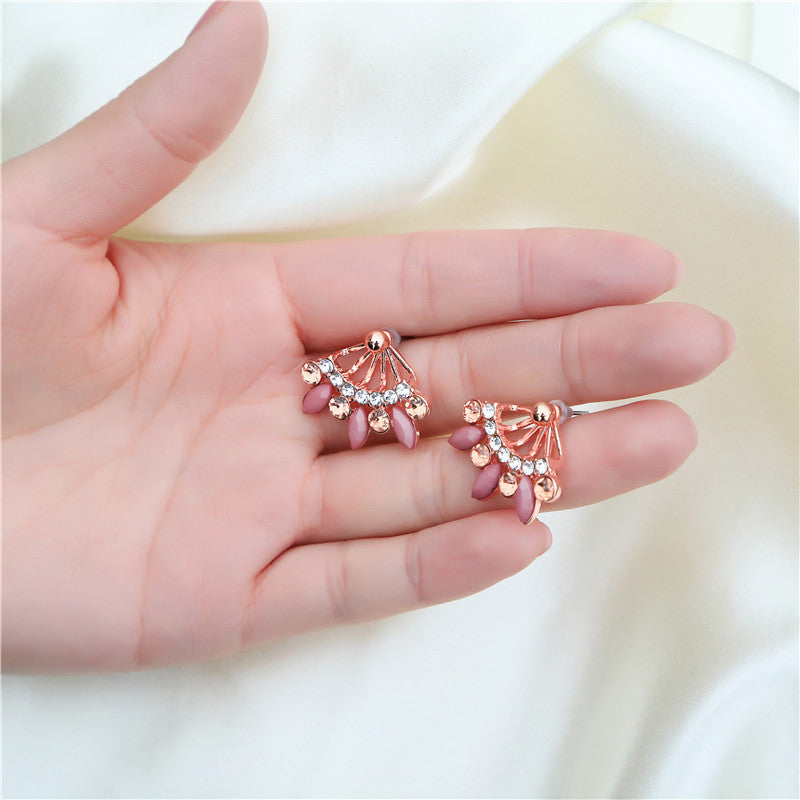 Minimalist Sweet Rose Gold Plated Alloy Teardrop Leaf Earrings with Rhinestone Inlay for Women