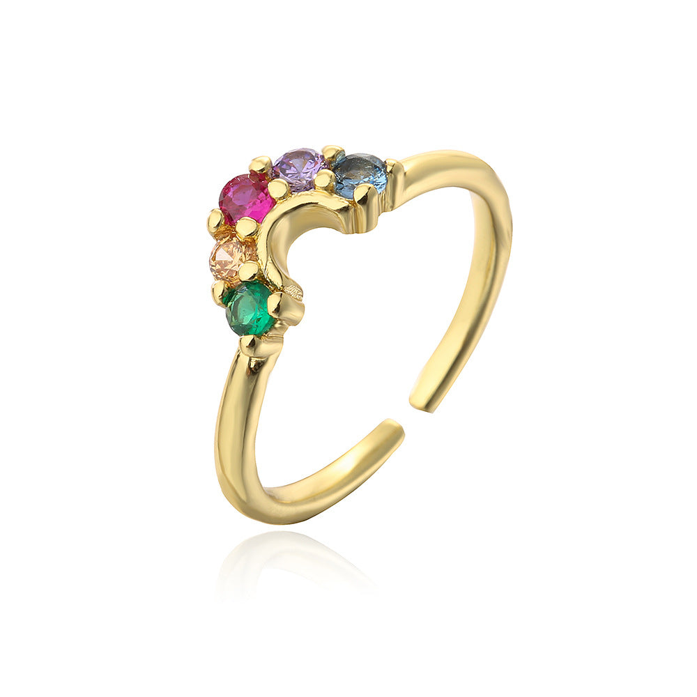 Anello Aperto Geometrico Minimalista da Donna in Rame con Placcatura in Oro e Intarsio di Zirconi Arcobaleno