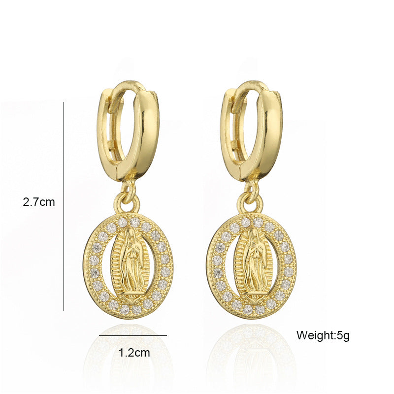 Geometric Virgin Mary Earrings for Women in Copper with Zircon Inlay