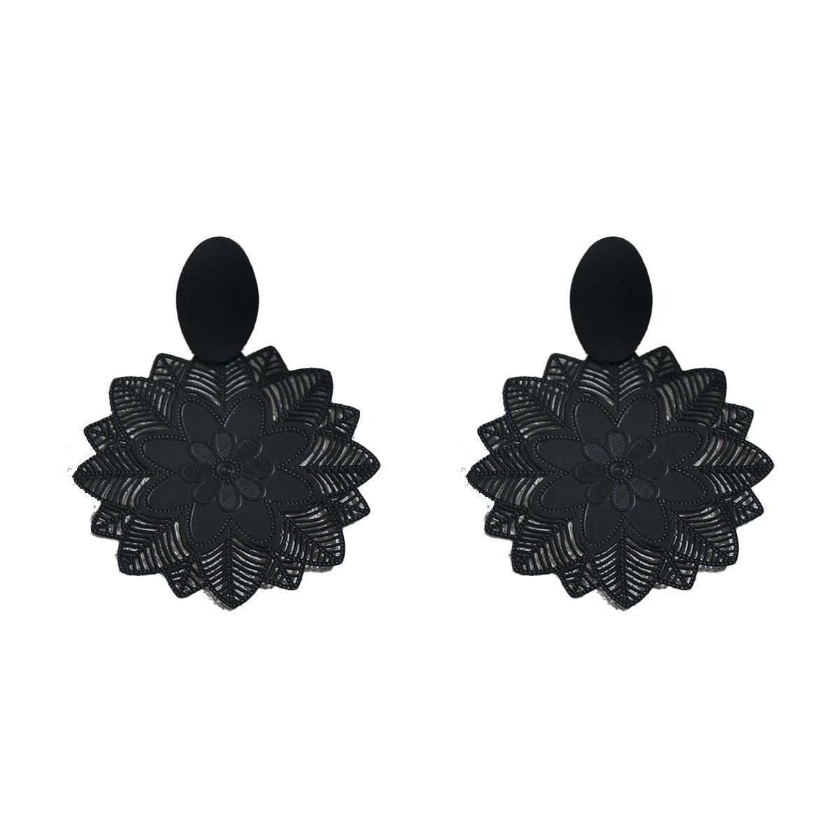 Pendientes de tuerca elegantes geométricos negros florales para mujer de aleación de zinc con chapado ecológico