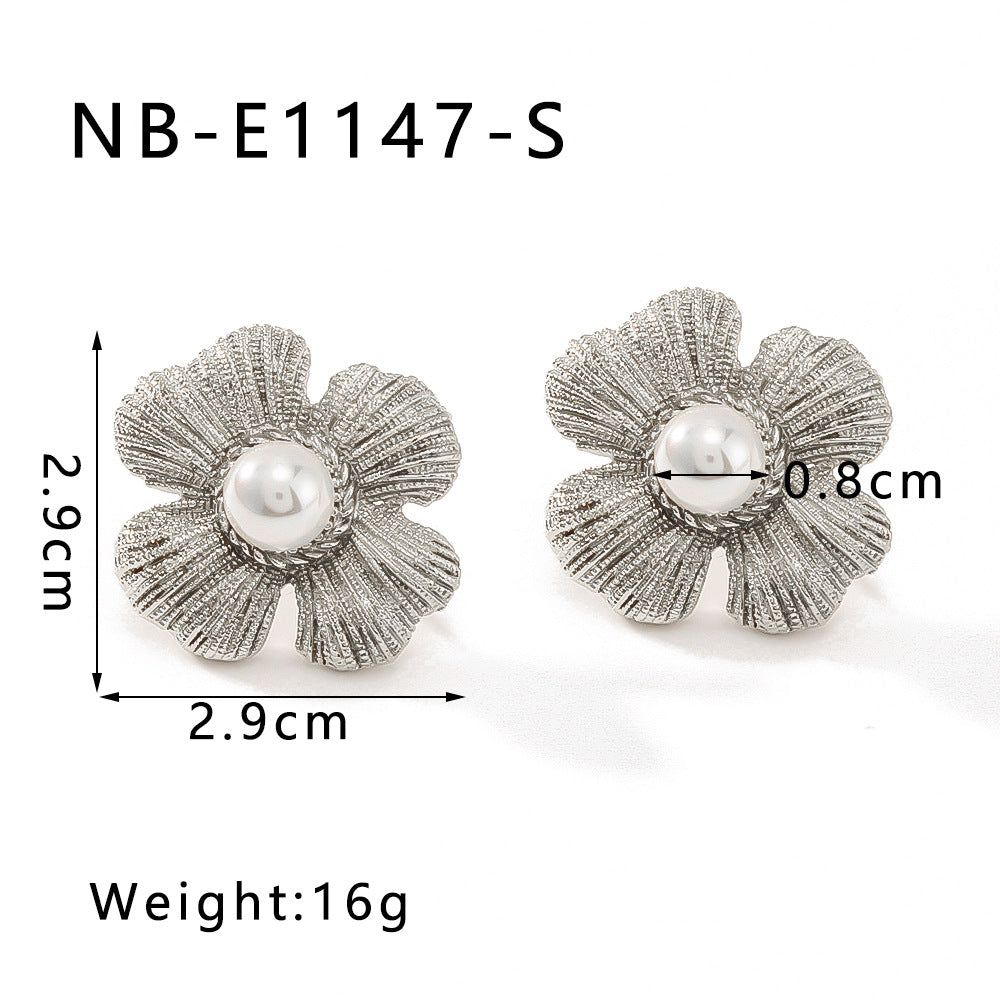 Orecchini Asimmetrici Vintage Minimalisti a Forma di Fiore in Acciaio Inossidabile con Intarsi in Perla e Placcatura in Oro 18K