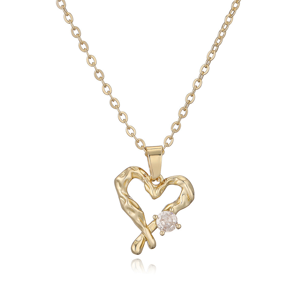 Minimalist Hollow Heart Pendant Necklace in Copper with 18K Gold Plating and Zircon Inlay