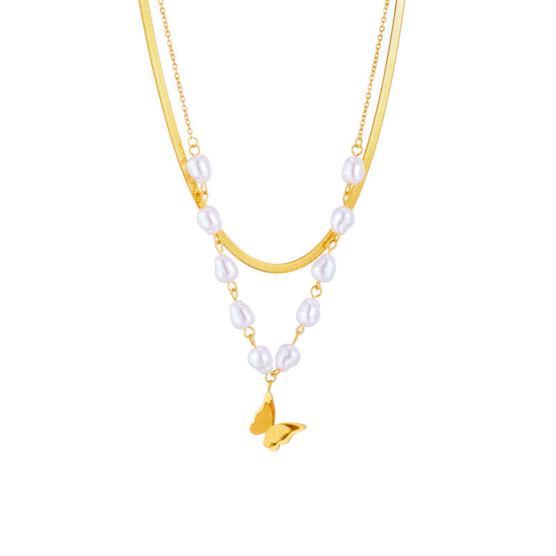 Minimalist Butterfly Pendant Necklace in Titanium Steel with Matte Finish and Double-Layer Chain for Women