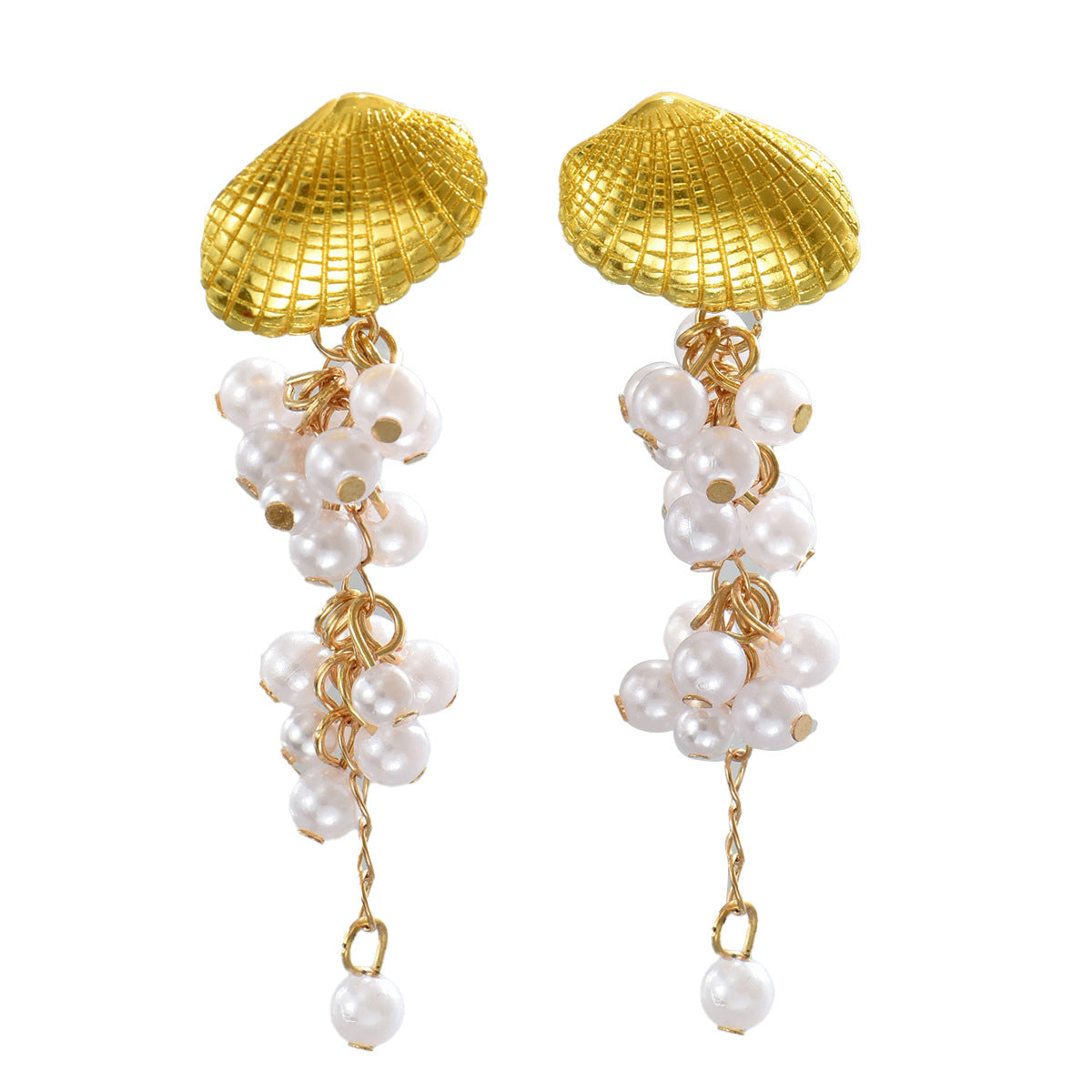 Pendientes de borla geométricos con perlas para mujer en aleación de zinc con diseño inspirado en conchas naturales