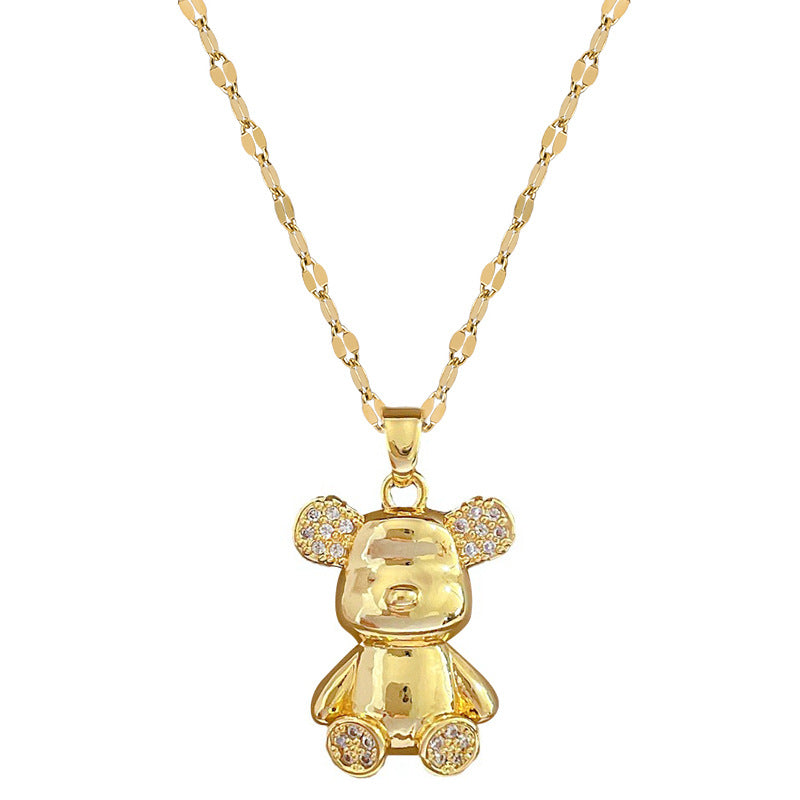 Lujoso y Dulce Collar con Colgante de Oso de Acero Inoxidable y Diamantes de Imitación, Cadena de Acero Inoxidable Geométrico