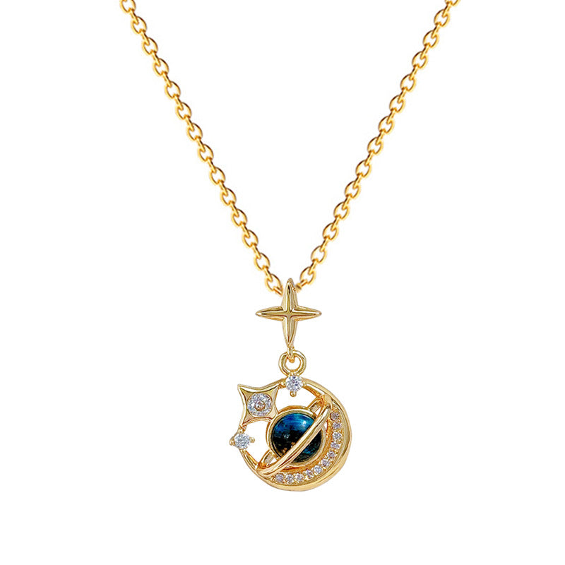 Minimalist Star and Moon Pendant Necklace in Titanium Steel with Full Rhinestone Inlay for Women