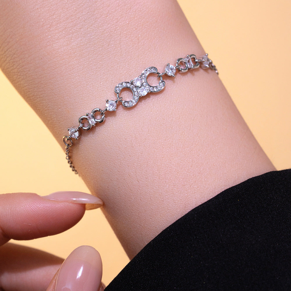 Luxury Minimalist Letter C Shape Titanium Steel Bracelet with Rhinestone Inlay and Gold Plating for Women