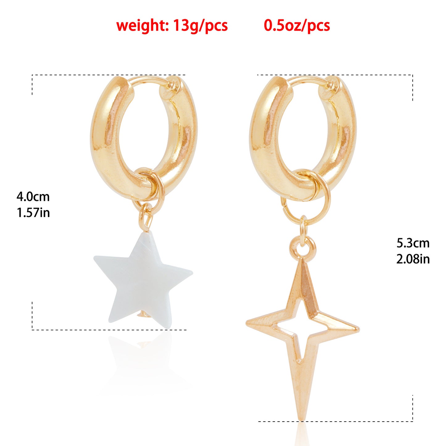 Pendientes de metal electrochapado asimétricos en forma de estrella con incrustaciones de nácar para mujer, joyería geométrica de moda para las orejas