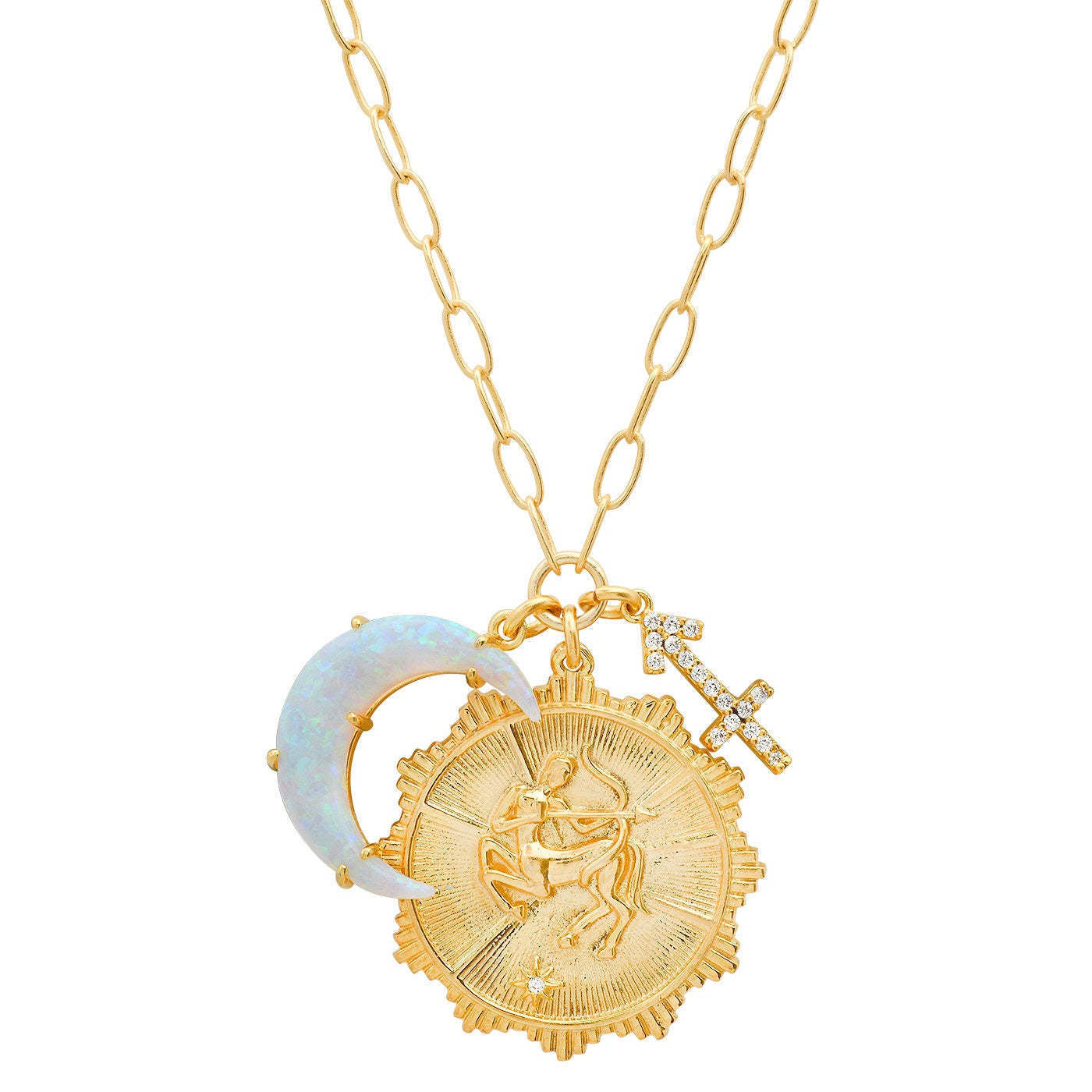 Vintage Zodiac Moon Opal Pendant Necklace in Copper with Micro-Pave Zirconia, Crescent Shape, Adjustable Clavicle Chain