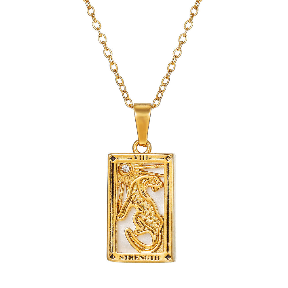 Vintage Casual Rectangle Drip Oil Cubic Zirconia Stainless Steel Necklace with Geometric Tarot Pendant Cable Chain Unisex