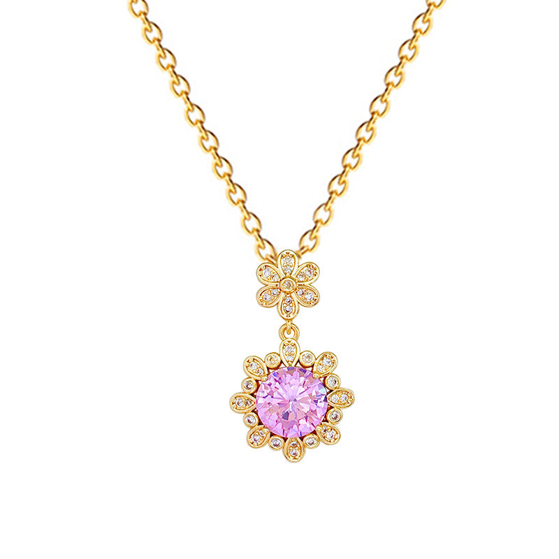 Collar con colgante de flor rosa y diamantes de imitación para mujer en acero de titanio con delicada cadena de medallón y estilo fresco y dulce