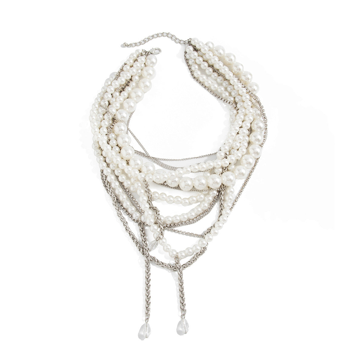 Baroque Geometric Multi-Layer Pearl Choker Necklace with Crystal Tassel Alloy Plated Jewelry for Women
