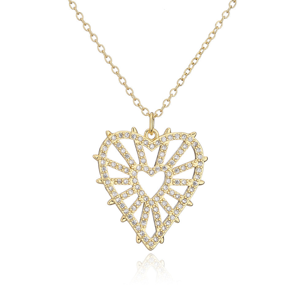 Minimalist Hollow Heart Pendant Necklace in Copper with 18K Gold Plating and Enamel Finish, Accented with Zircon Eyes