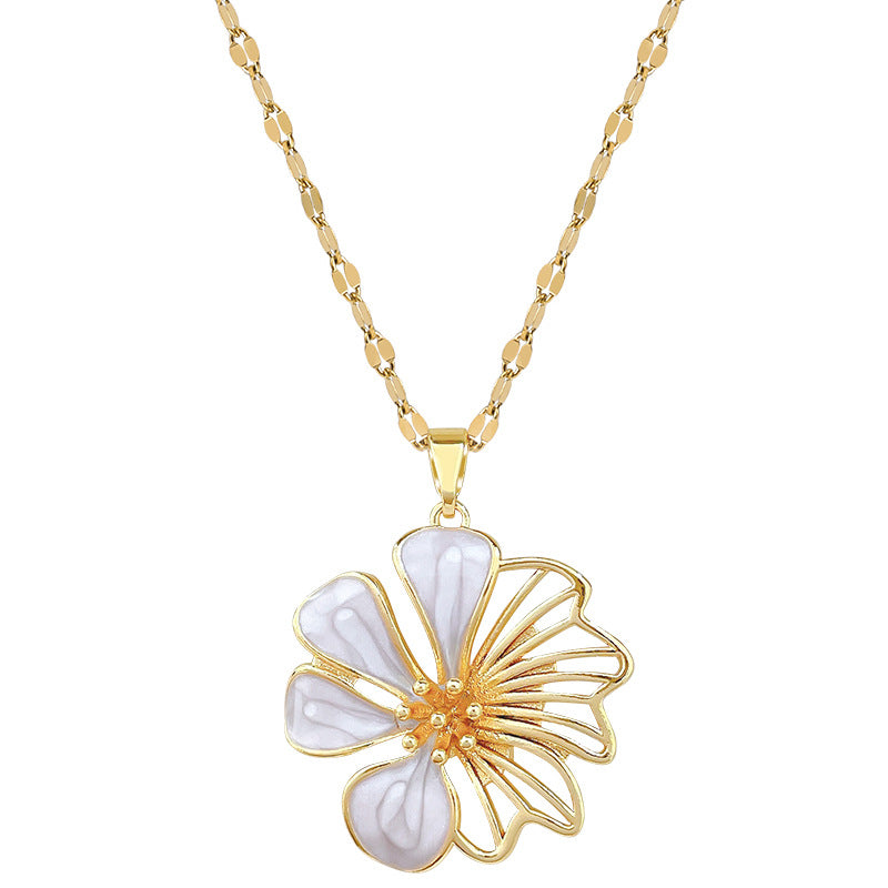 Sweet Elegant Floral Drip Oil Rhinestone Pendant Necklace Titanium Steel Cable Chain