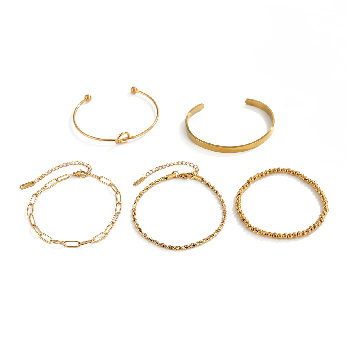 18K Gold Plated Polished Geometric Knot Open Cuff with Rope Chain Stainless Steel Bracelet for Women