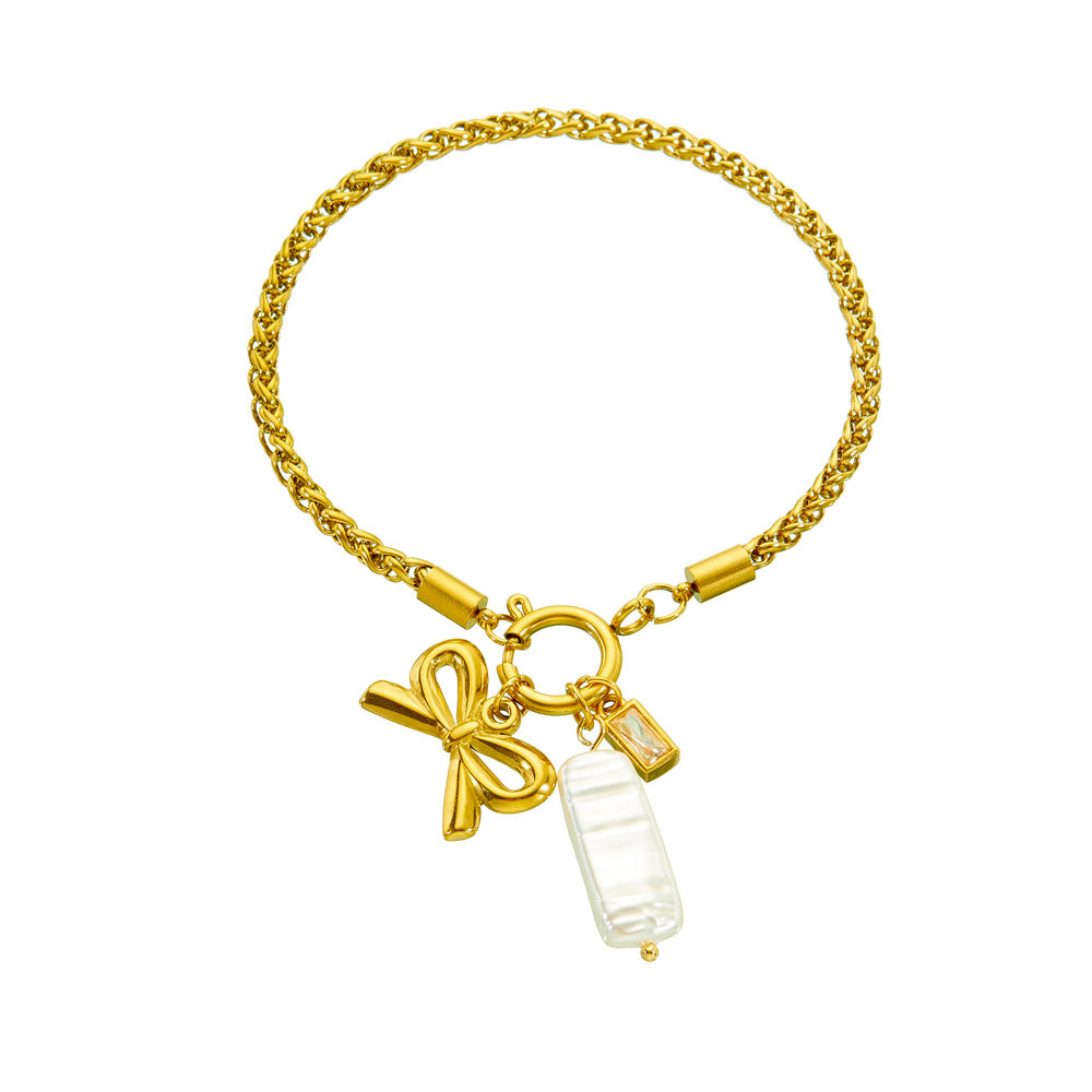 Minimalist Elegant Gold Plated Rope Chain Stainless Steel Bracelet with Shell Bow Pendant
