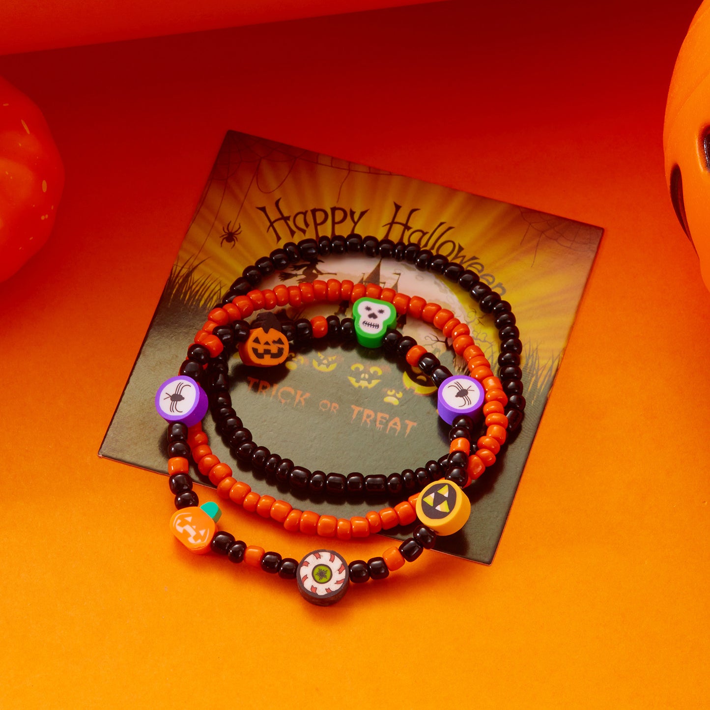 Cartoon-Style Halloween Ghost Pumpkin Bat Multi-Pendant Polymer Clay Bracelet with Plated Alloy