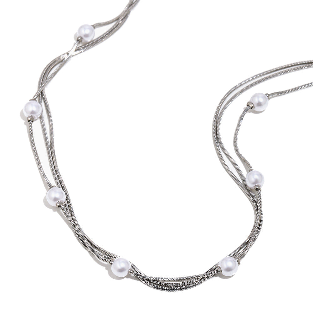 Minimalist Elegant Geometric Stainless Steel Gold Plated Imitation Pearl Necklace with Triple Layer Fine Snake Chain for Women