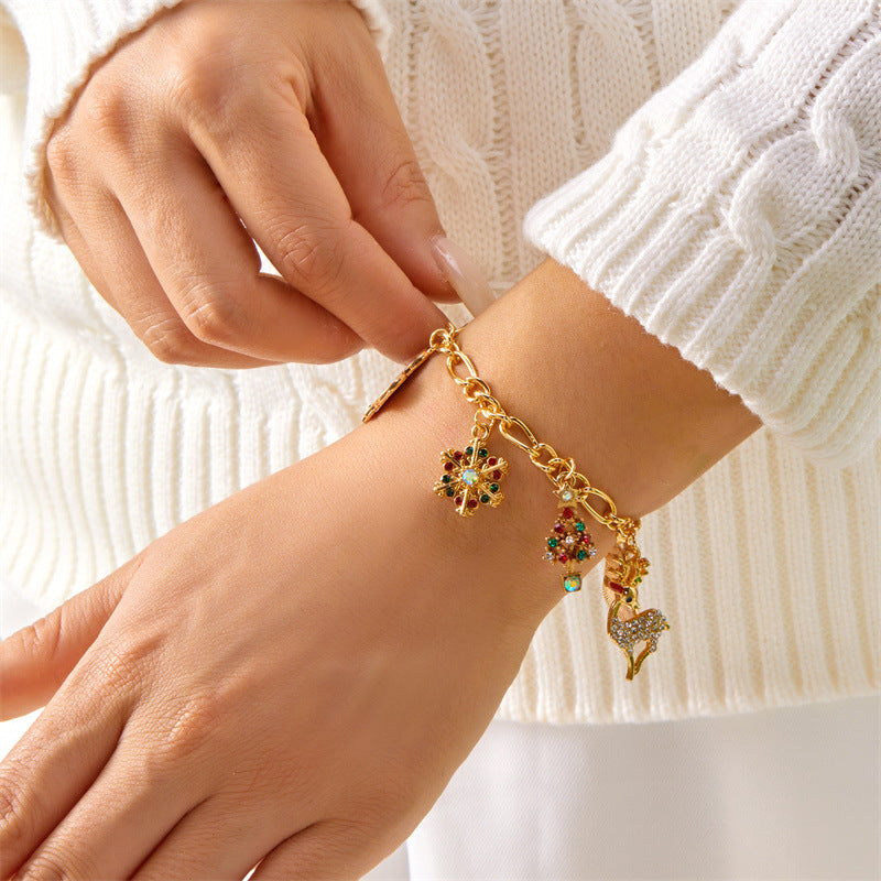 Pulsera de Copo de Nieve y Perlas en Tonos Caramelo Temática Navideña con Base de Aleación, Joyería Artesanal Unisex para las Fiestas