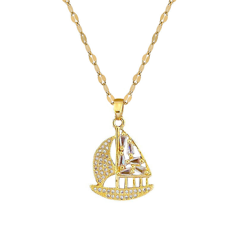 Minimalist Sailboat Pendant Necklace for Women in Titanium Steel with Rhodium Plating, Geometric Design, Delicate Clavicle Chain